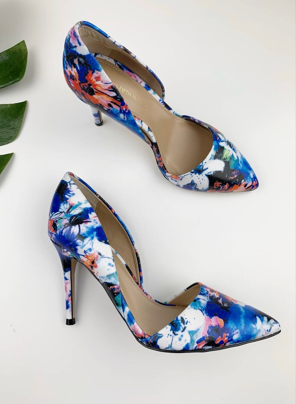Saks Fifth Avenue Felicity Heels Pointed Toe Blue Floral Leather Pumps Women 6.5